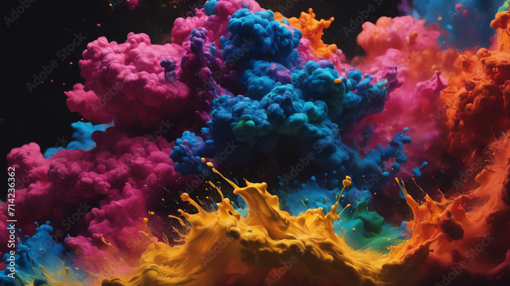 Colorful cloud of paint in a dark background. Vibrant and dynamic abstract image of paint splashing