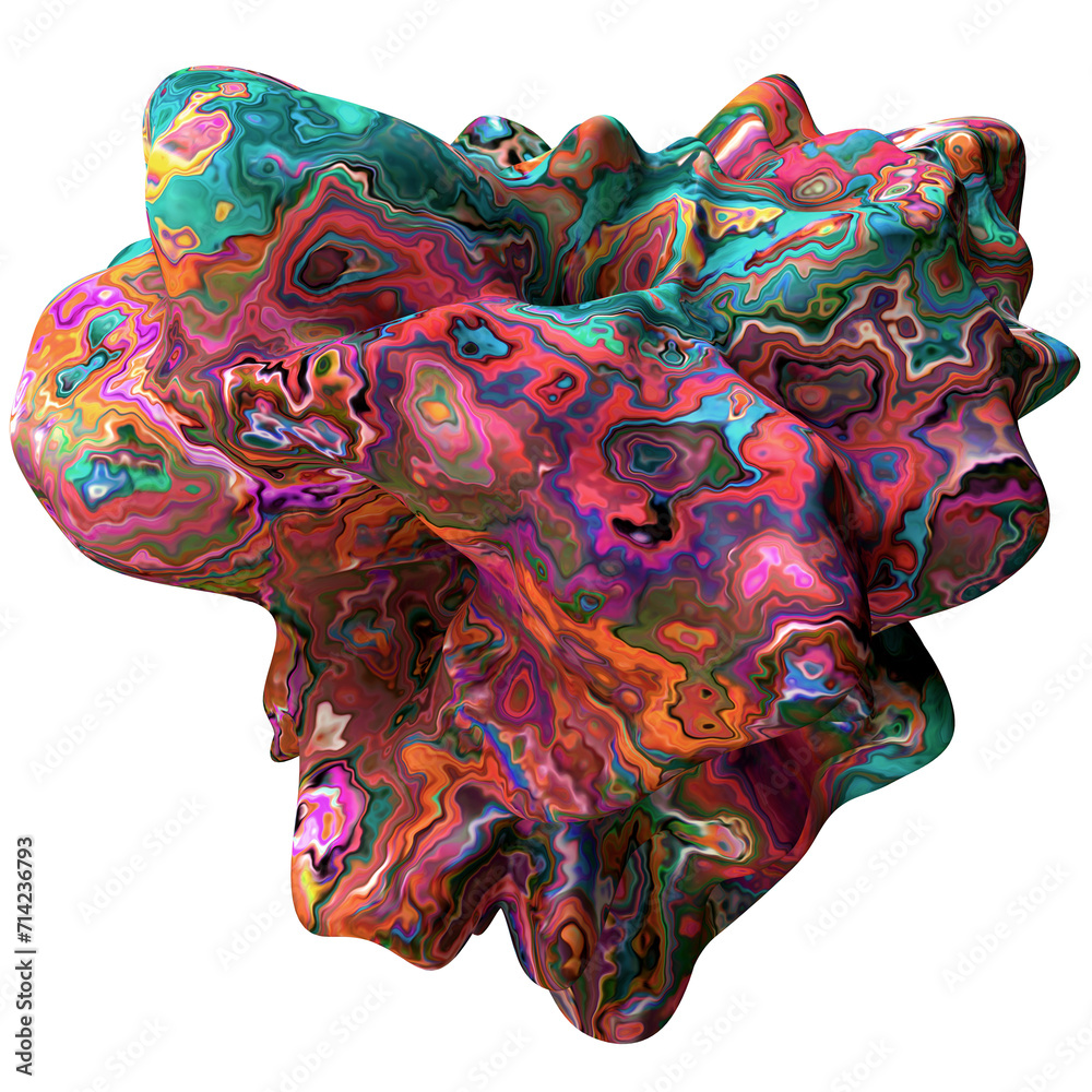 Abstract, fluid and colorful 3D element on transparent background. Modern and contemporary feel. Metallic, iridescent and reflective with shades of green, magenta, orange, pink