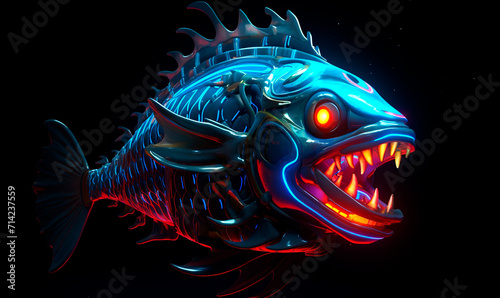 Cyber piranha with neon teeth background. Ferocious purple 3d predatory techno fish with open glowing mouth and eyes with steel fins and digital scales