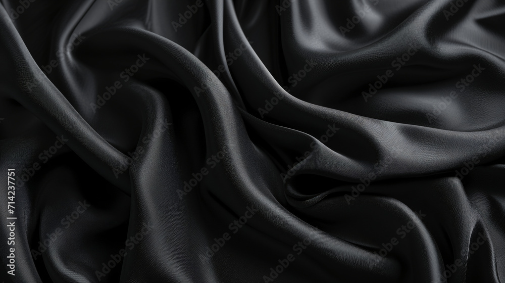 Fototapeta premium Black wavy satin background. Elegant and luxury fabric texture