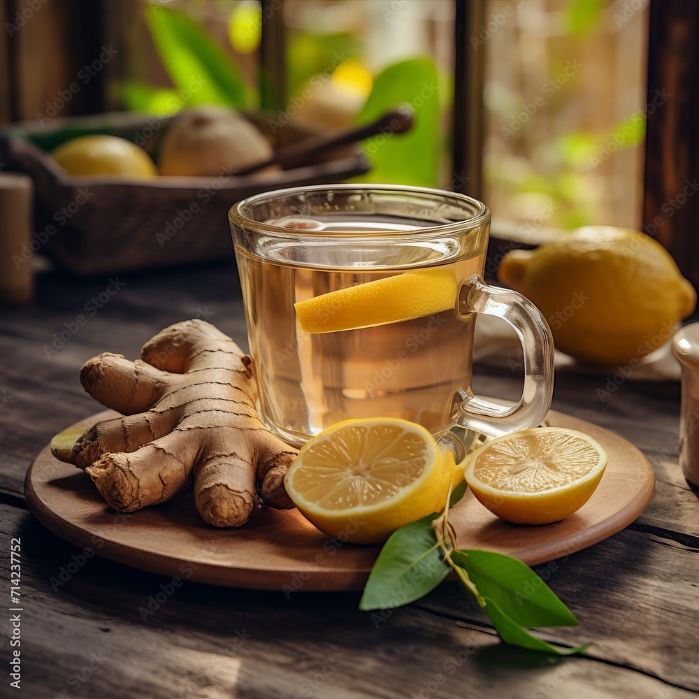 glass cup with ginger, lemon, and honey tea on bright kitchen table close-up