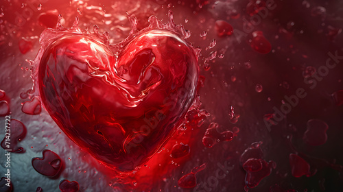 Red Heart Surrounded by Water Droplets