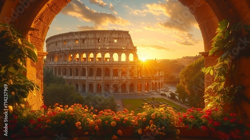 Foto Landscape Scene of Colosseum at the sunset time, view from inside decorate home