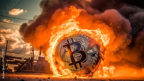 Burning bitcoin coin, visual representation of unsuccessful cryptocurrency investment ventures, banner photo