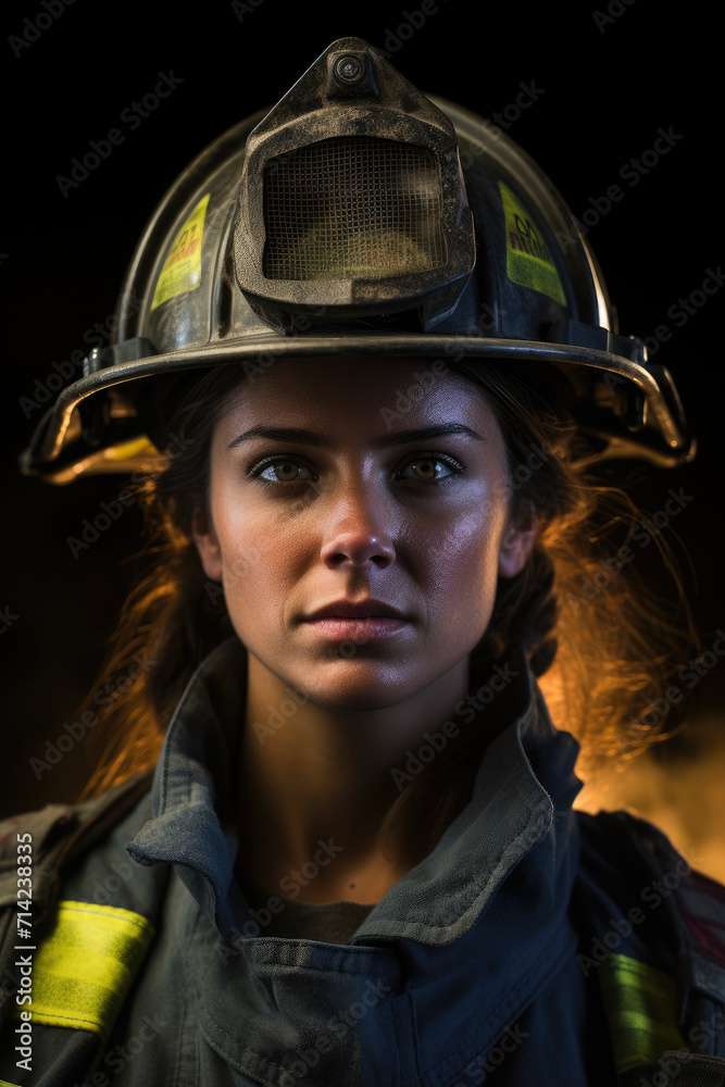Photo of woman firefighter wearing safety helmet Photo of woman firefighter wearing safety helmet