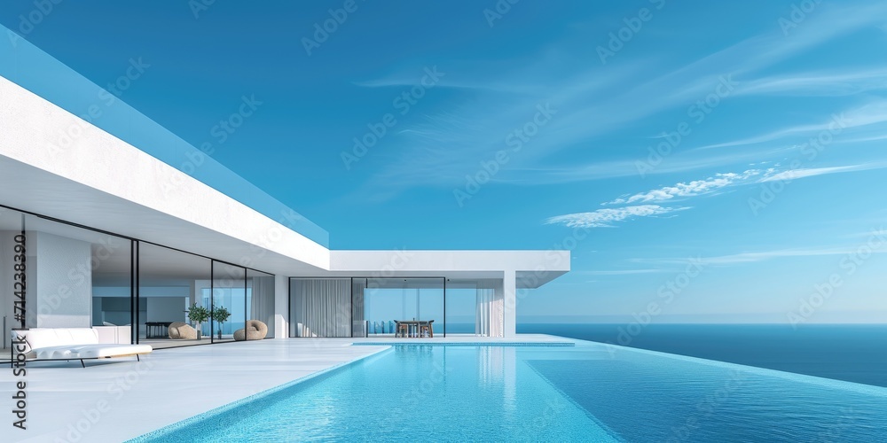 Fototapeta premium White minimalistic villa with swimming pool on the background of a blue sky
