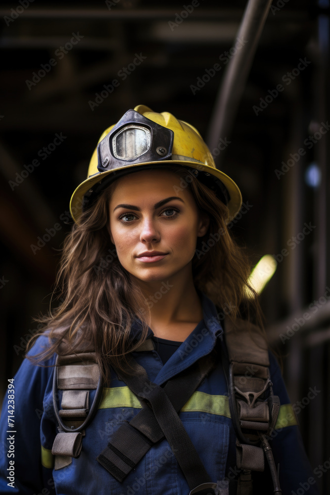 Photo of woman firefighter wearing safety helmet