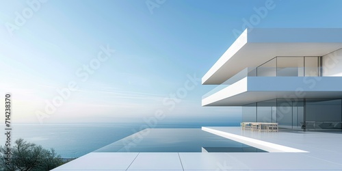 White minimalistic villa with swimming pool on the background of a blue sky photo