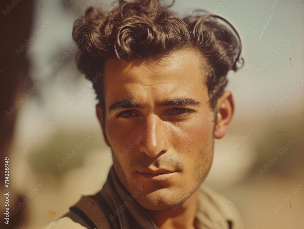 Photorealistic Adult Persian Man with Brown Curly Hair vintage Illustration. Portrait of a person in World War II era aesthetics. Historic movie style Ai Generated Horizontal Illustration.