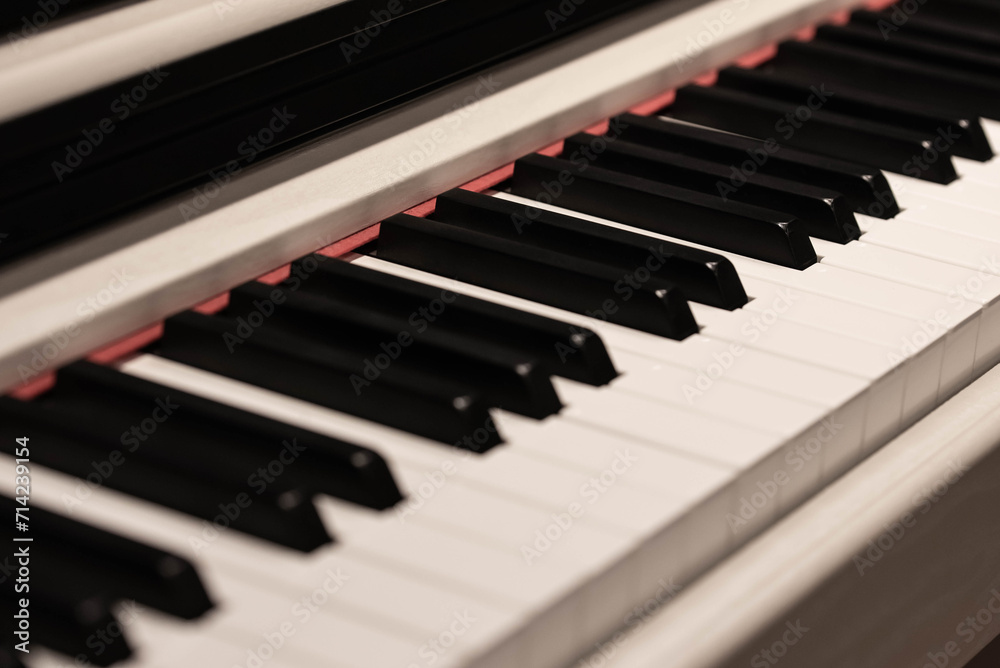 Classic Piano Keys, Traditional Black and White Keyboard Close up with selective focus Classic Piano Keys, Traditional Black and White Keyboard Close up with selective focus