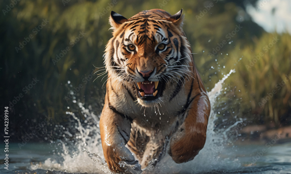 Tiger running through water
