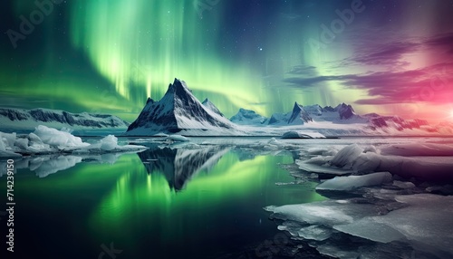 View of night sky with multicolored aurora borealis and snowy mountains peak background. Night glows in vibrant aurora reflection on the lake with forest. 