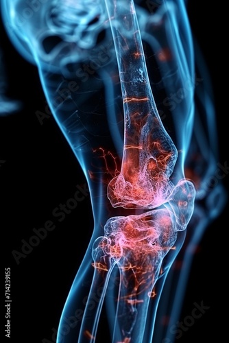 Thigh tendon injury, X - ray style, injury part with red luminous expression, the rest with blue expression,generative ai photo