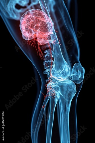 Thigh tendon injury, X - ray style, injury part with red luminous expression, the rest with blue expression,generative ai