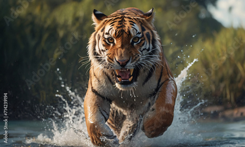Tiger running through water