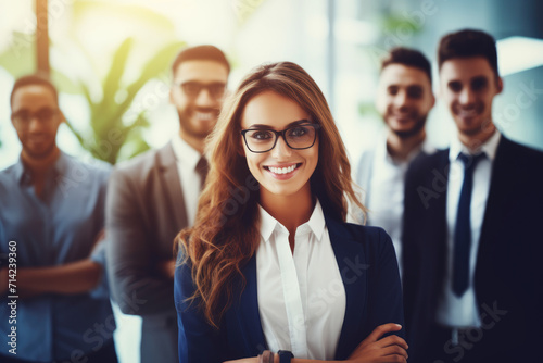 Photo of young office worker woman smiling at camera in front of people in suits photo