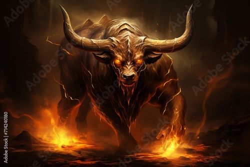 Fierce bull engulfed in blazing flames, symbolizing intense trading concept, powerful close-up shot © Anzhela