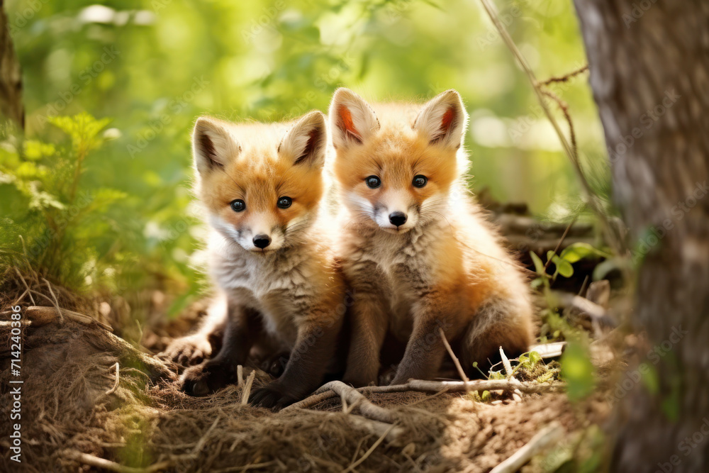Cute fluffy baby red foxes sitting in a summer forest.
