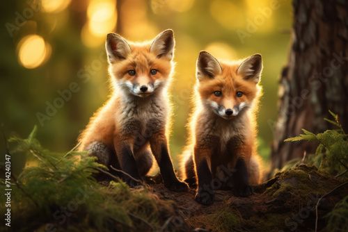 Cute fluffy baby red foxes sitting in a summer forest. © julijadmi