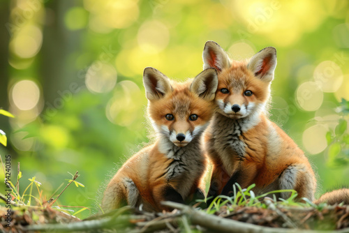 Cute fluffy baby red foxes sitting in a summer forest.