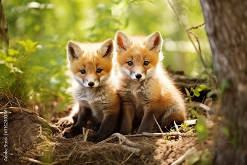 Cute fluffy baby red foxes sitting in a summer forest. © julijadmi