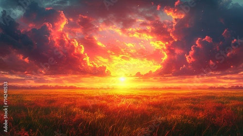 Dramatic Sunset on Grassy Meadow Nature Background AI Generated