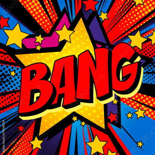 Inscription "bang" against comic background of bright explosion with stars and rays. Vector illustration