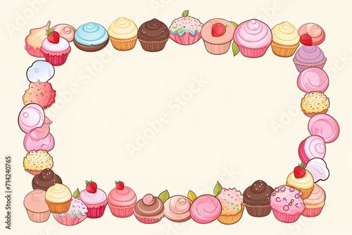 Frame with cupcakes. Cartoon Cakes border around the empty space for text. Template for a children's menu in cafe.
