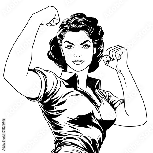 Woman shows her biceps, demonstrating her feminine strength. Gender equality concept. Vector illustration in comic style, black and white coloring book