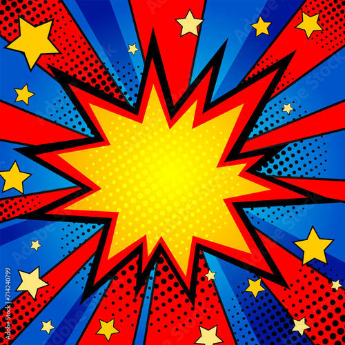 Vivid comic background with rays and stars. Vector illustration