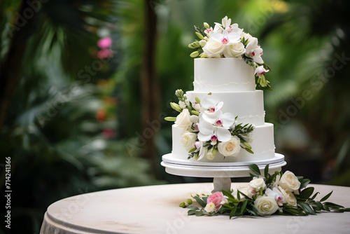 White wedding cake on floral background