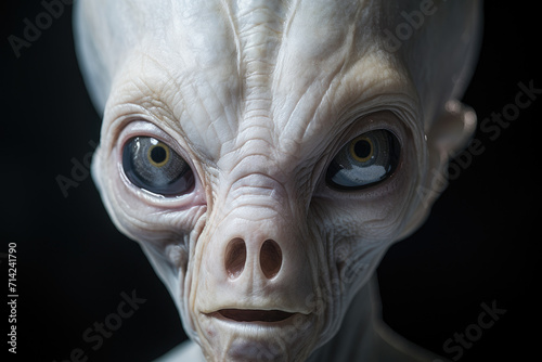 Portrait of gray alien with big eyes unidentified aerial phenomena on black background Generative ai