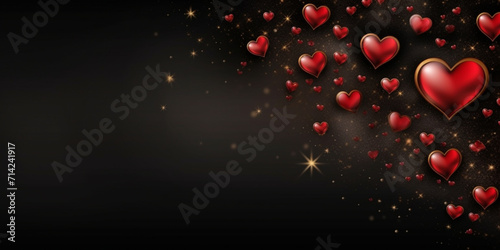 creative black background with scattered red hearts on the left side and a pattern of golden curls,a place for text,design concept and advertising, for Valentine's day