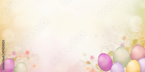 a delicate, pastel-colored Easter banner with colored eggs and flowers on a defocused background with a place for text,the concept of creative Easter design,advertising and greeting cards