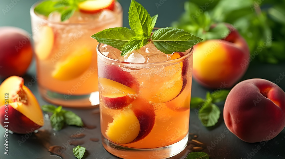 a close up of a drink in a glass on a table with peaches and mint on the side of the glass and a few pieces of fruit on the table. a close up of a drink in a glass on a table with peaches and mint on the side of the glass and a few pieces of fruit on the table.