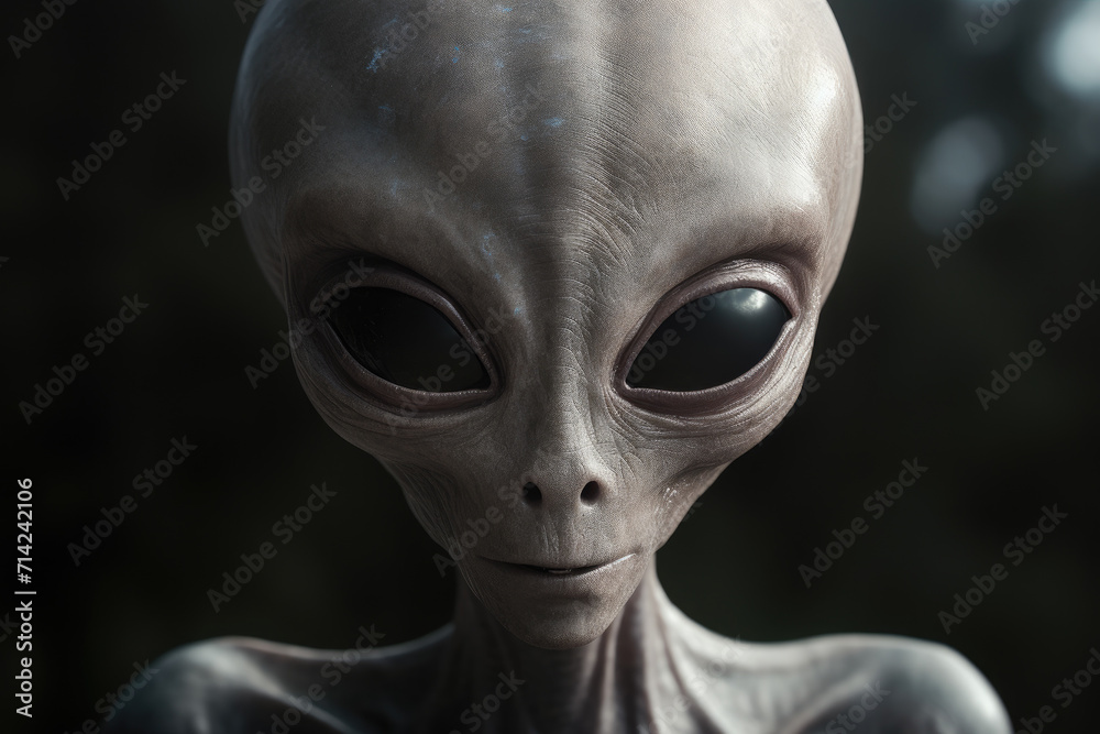 Portrait of long-headed alien with big eyes on black background, scary UFO. Generative ai Portrait of long-headed alien with big eyes on black background, scary UFO. Generative ai