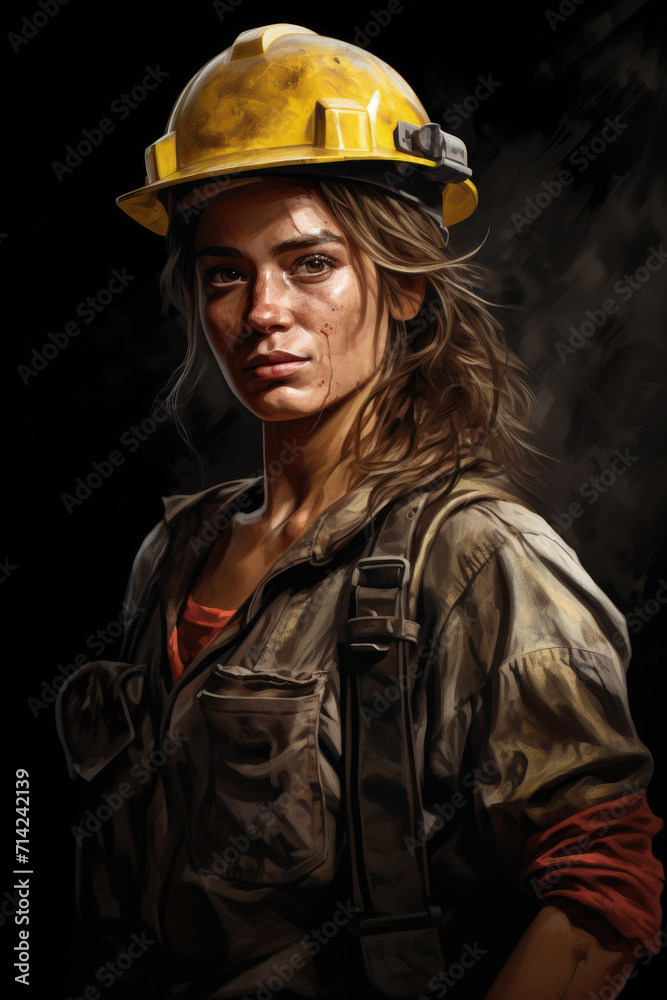 Portrait of miner woman in security helmet in dirty work suit against dark background