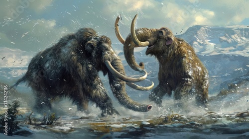 Two mammoths fight, dust is kicked up against a mountainous, snowy landscape.