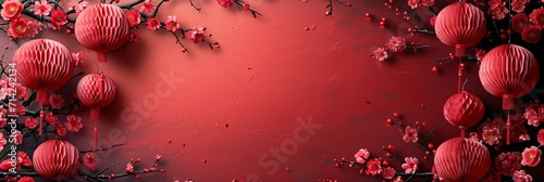 Chinese New Year celebration. Banner design with red paper fans decorations on red background..Chinese New Year celebration. generative ai