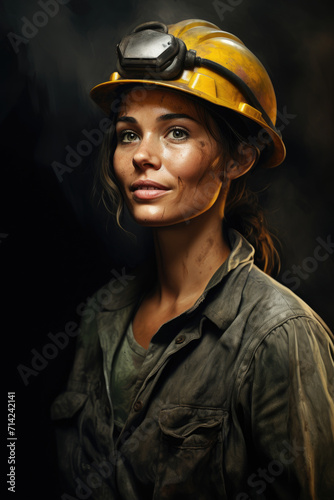 Portrait of miner woman in security helmet in dirty work suit against dark background © LFK