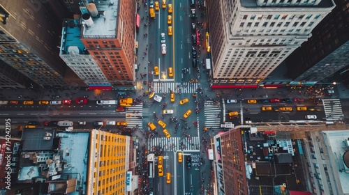 Aerial view of the streets of New York City, USA.. A high-angle shot of a bustling city street. The buildings, cars, and pedestrians create a sense of alignment. photo