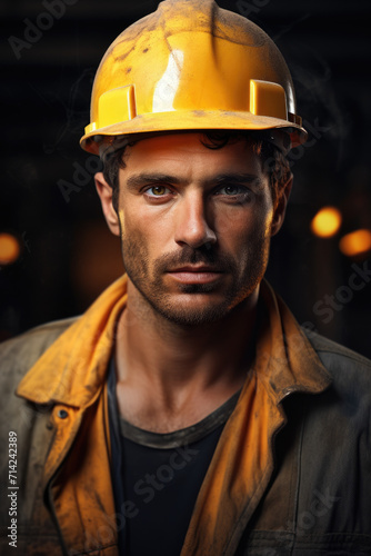 Portrait of worker man in yellow safety helmet on dark background