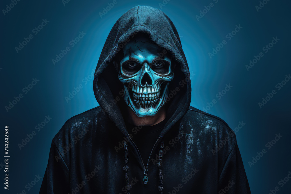 Portrait photo of man in scary halloween costume and skeleton face make up, dark blue background Portrait photo of man in scary halloween costume and skeleton face make up, dark blue background