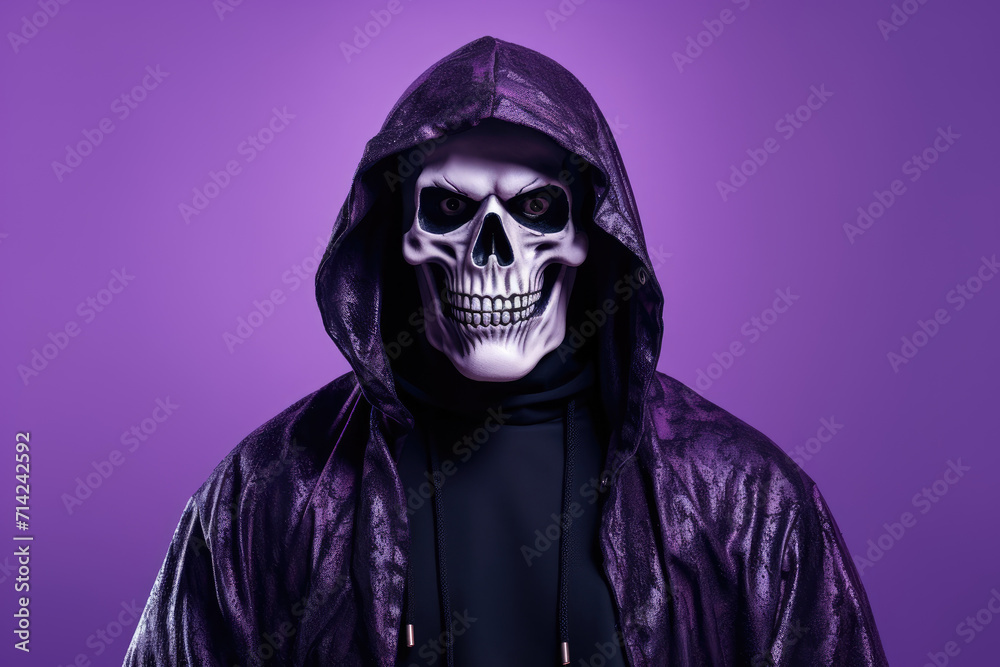 Portrait photo of man in scary halloween costume and skeleton face make up, purple background Portrait photo of man in scary halloween costume and skeleton face make up, purple background