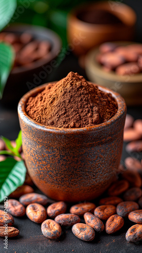 фотографія Freshly picked cacao beans, cocoa powder and green leaves in wood plate in dark culinary table background, top view