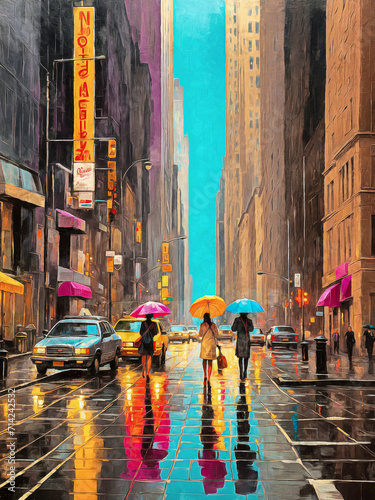oil painting on canvas, street view of New York, woman under an umbrella, yellow taxi, modern Artwork, American city, illustration New York. artist collection for decoration and interior.