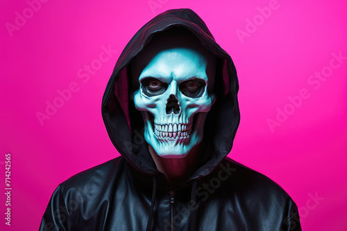 Portrait photo of man in scary halloween costume and skeleton face make up, pink background