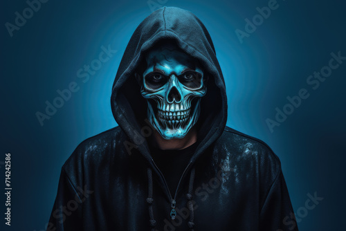 Portrait photo of man in scary halloween costume and skeleton face make up, dark blue background