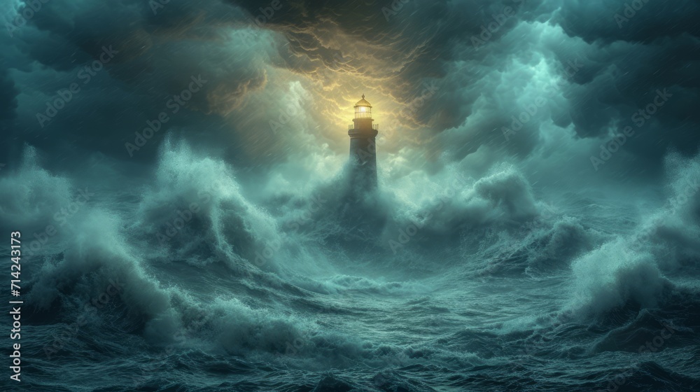 Luminous Ancient Sea Lighthouse Against Huge Waves AI Generated