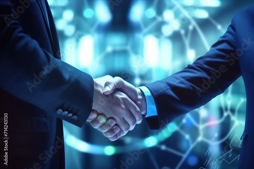Business shaking hands, shows the progress of the business, connecting or ganizations around the world, the background image is  blue digital